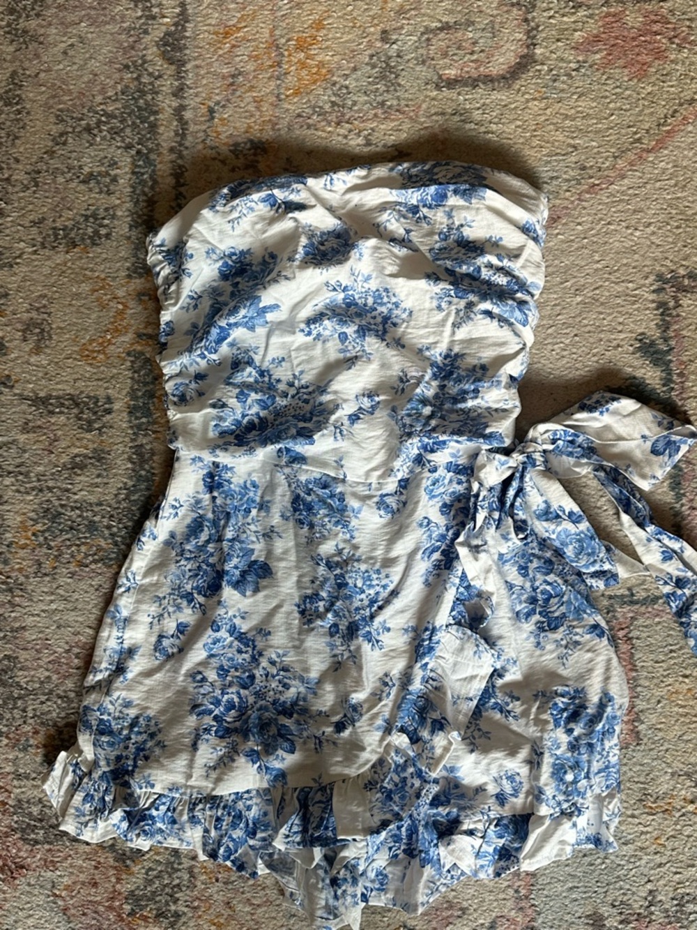 Olivaceous White Strapless Floral Romper with Blue Print